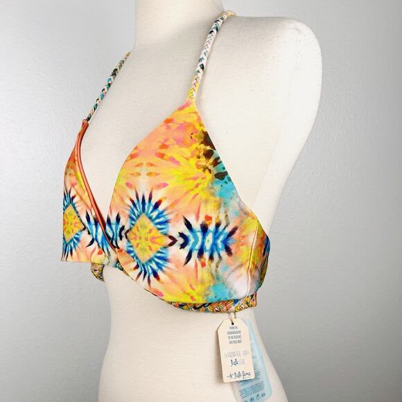 NWT Luli Fama XL Crossover Halter Bikini Top Reversible Sol Multicolored Print - Picture 2 of 6